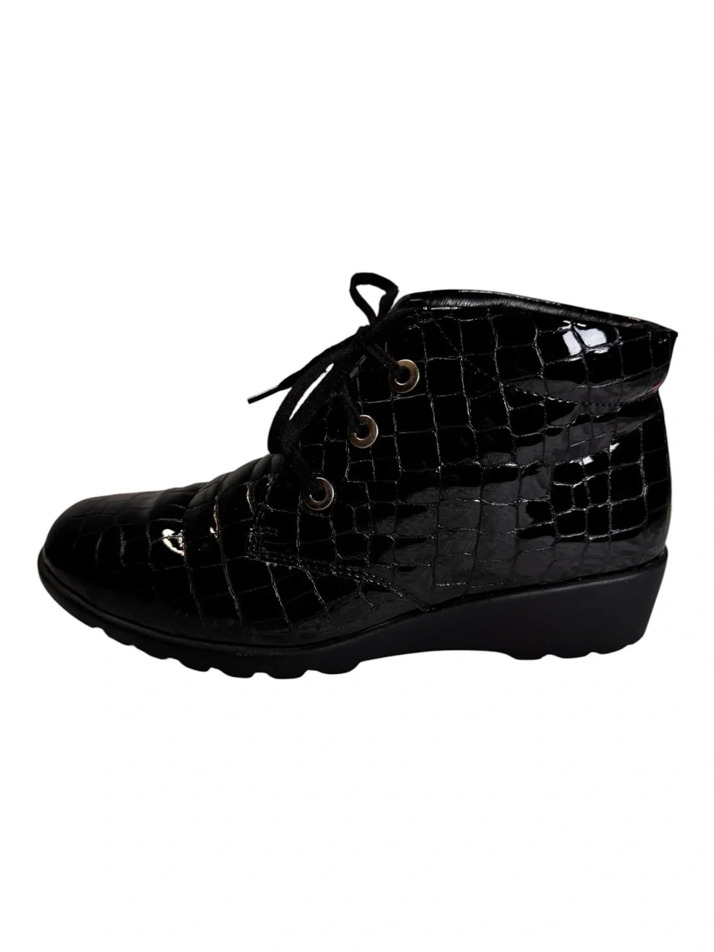 Josef Seibel Caren Croc Embossed Patent Leather Wedge Booties Black 38 7.5
